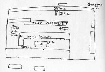 A hand-drawn, black and white map of an airport.